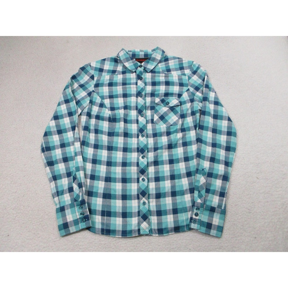 Mammut Shirt Womens Small Blue Teal Plaid Button Down Long Sleeve Hiking Outdoor
